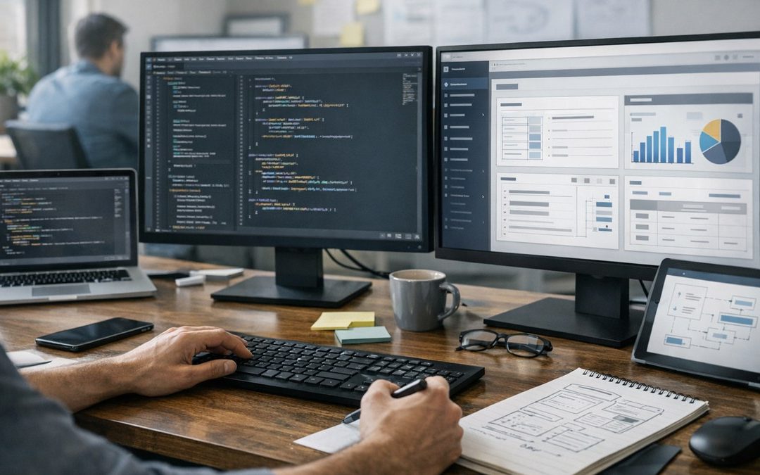 Illustration éditoriale sur développement logiciel sur mesure